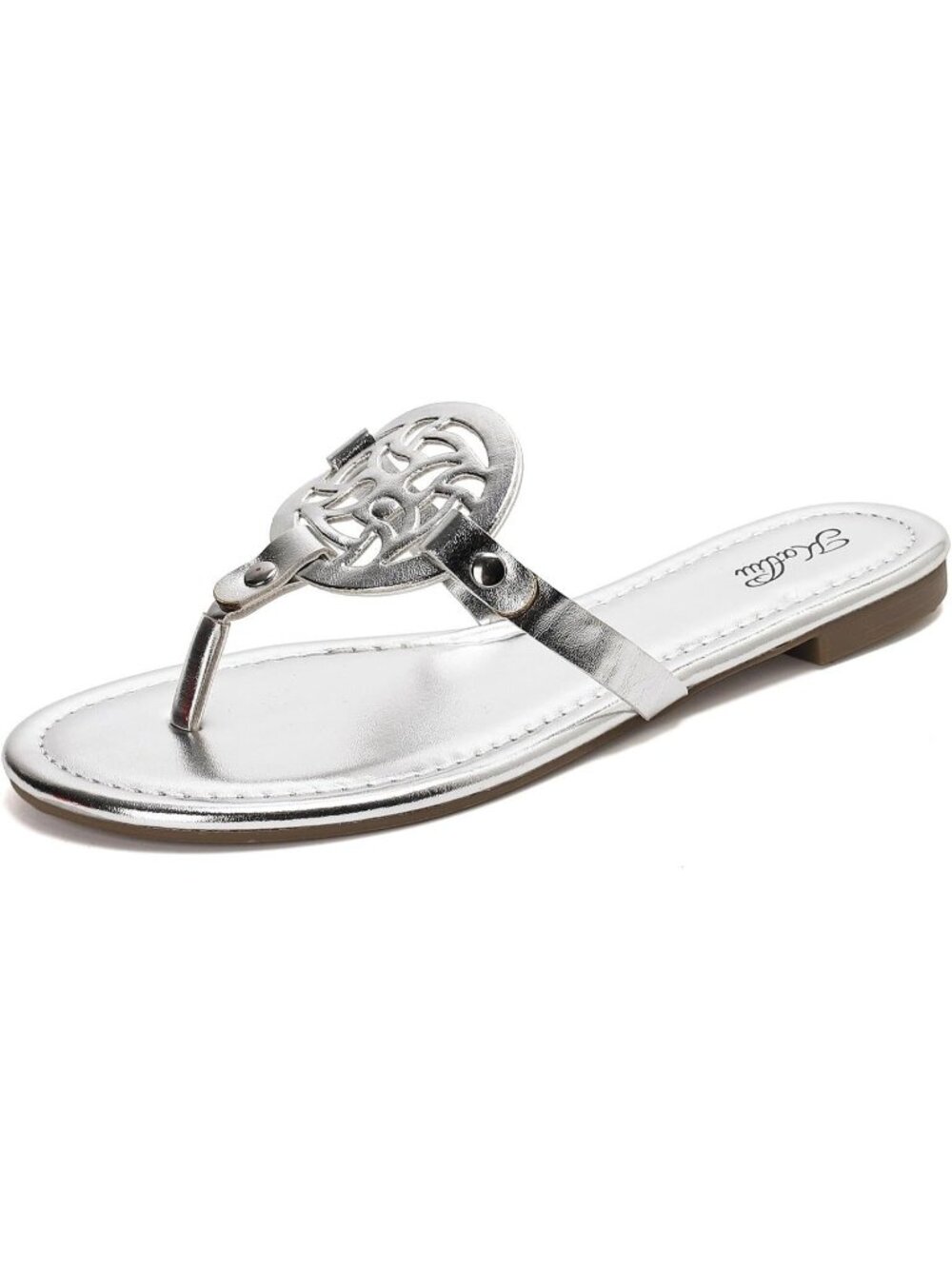 🆕Women's Silver Flat Sandals Dressy Flip Flops Hollow Cutout Medallion Thong